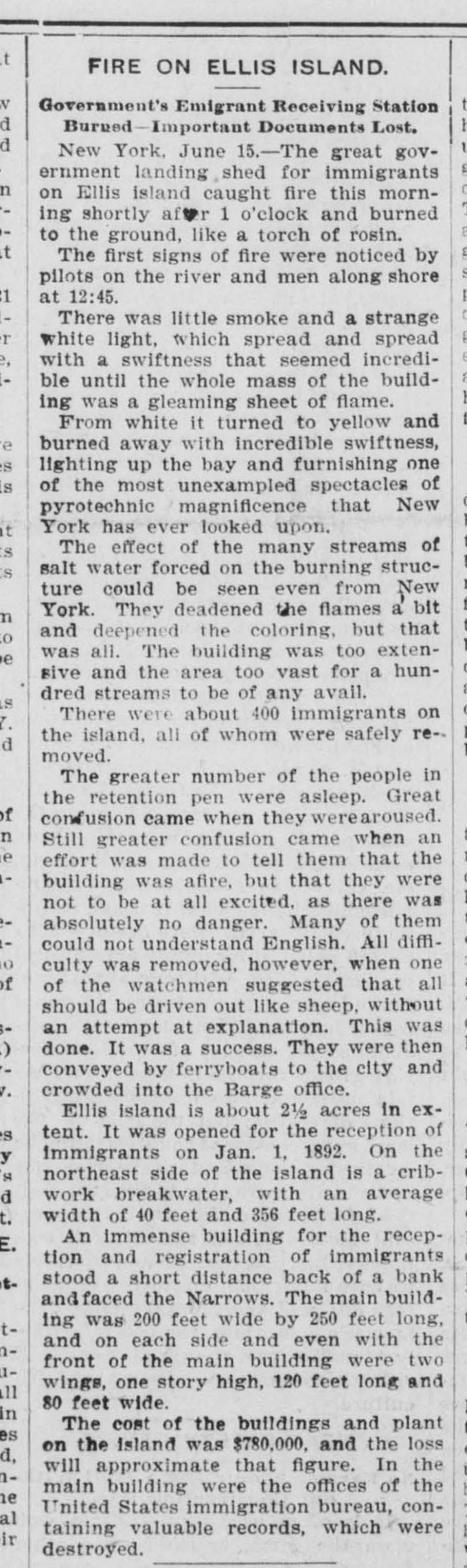 Newspaper article about the fire on Ellis Island